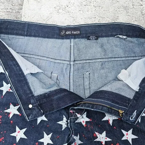 King Maker Men Shorts Blue White Star Patriot Straight Fit Shorts Bermuda Size40 - Picture 4 of 7